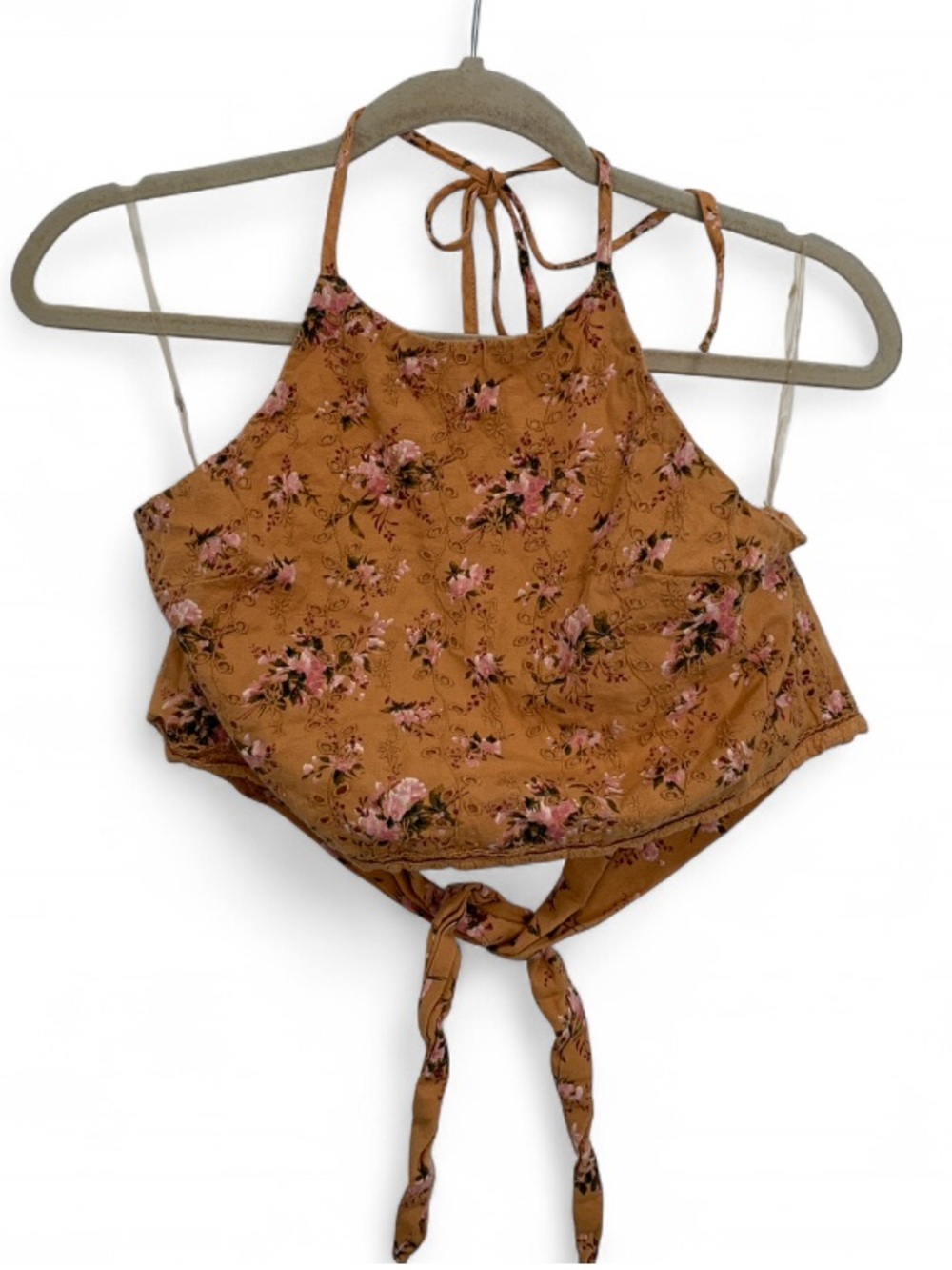 Floral Tie-Back Halter Crop Top in Mustard